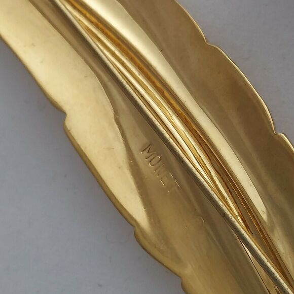 MONET Pin Lot of 2 Feather & Maple Leaf Brooch Textured Gold Tone Vintage Estate - Picture 8 of 10
